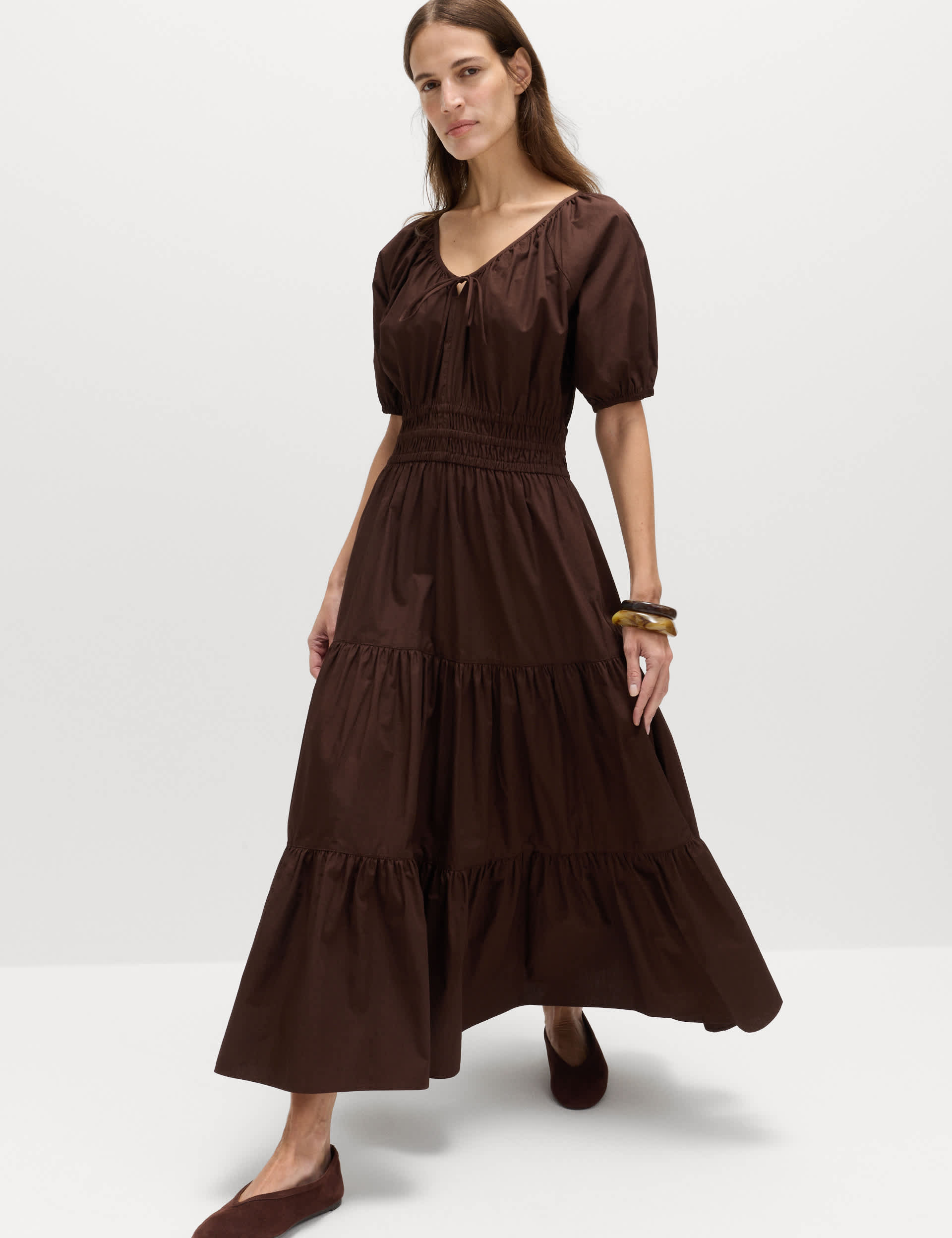 Pure Cotton Tie Detail Midaxi Waisted Dress