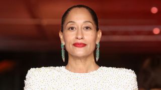 Tracee Ellis Ross is pictured with minimal eye makeup and wearing a red lip whilst attending the 3rd Annual Academy Museum Gala at Academy Museum of Motion Pictures on December 03, 2023 in Los Angeles, California.
