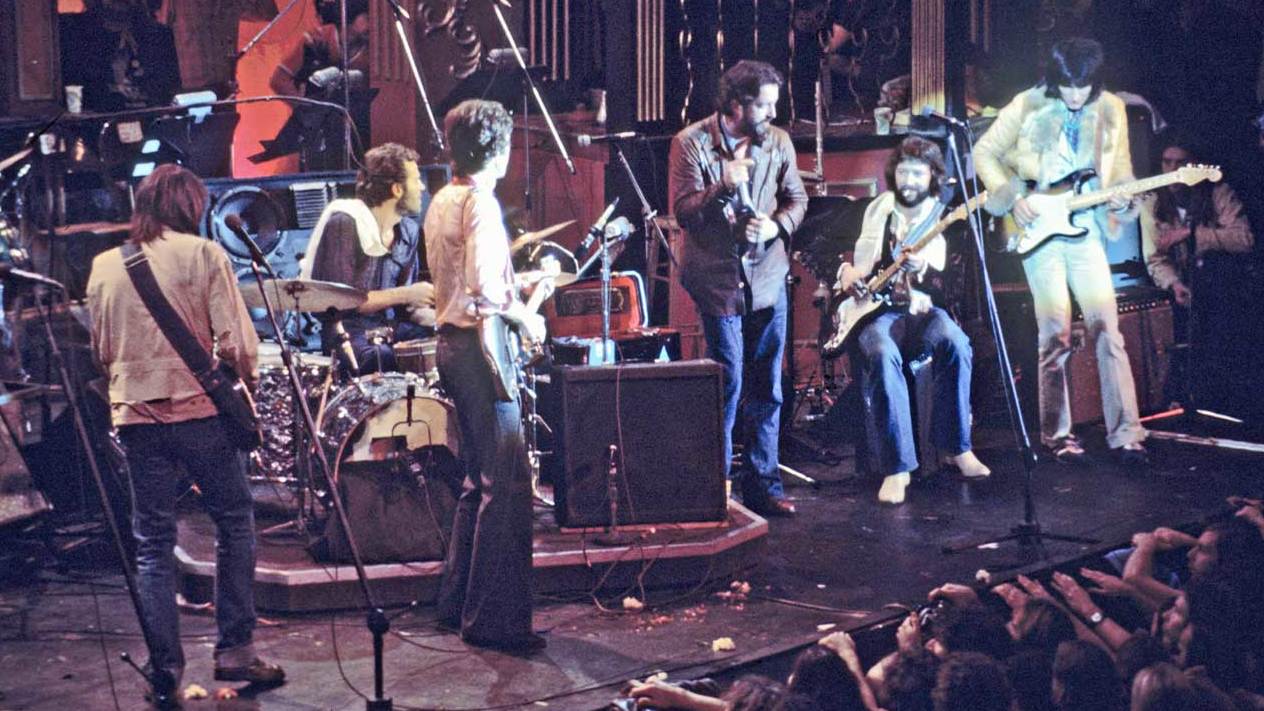 The Band with Neil Young, Paul Butterfield, Eric Clapton and Ron Wood during the recording of The Last Waltz