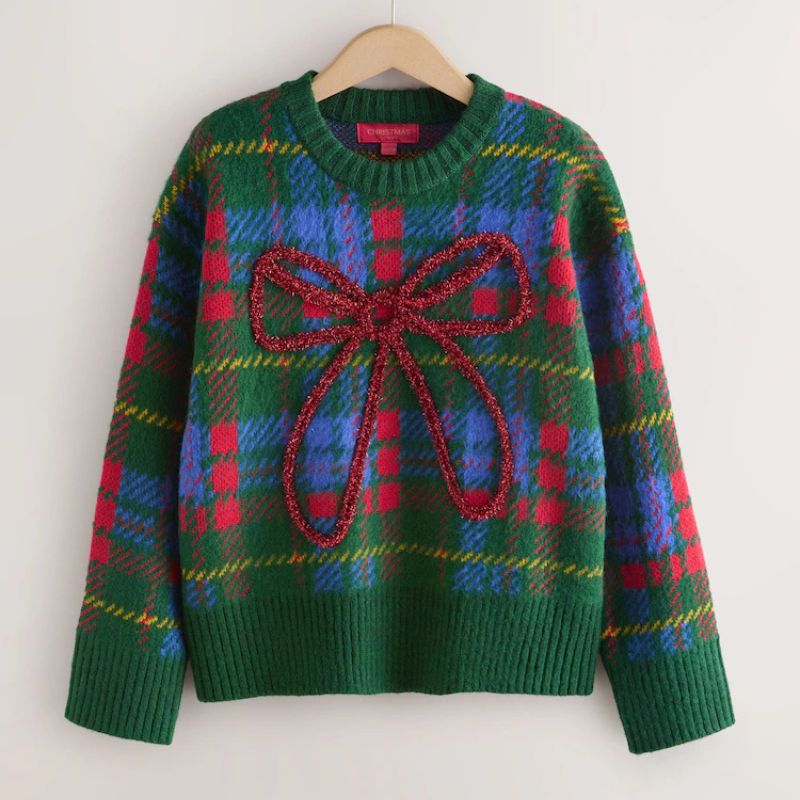 Next , Green Tartan Tinsel Bow Christmas Jumper