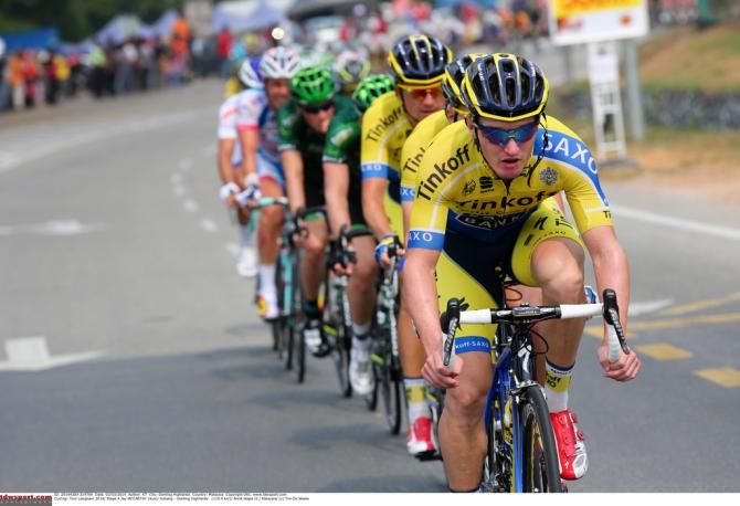 Jay McCarthy (Tinkoff-Saxo) on the front of the bunch