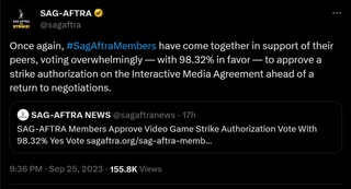 Once again, #SagAftraMembers have come together in support of their peers, voting overwhelmingly — with 98.32% in favor — to approve a strike authorization on the Interactive Media Agreement ahead of a return to negotiations.