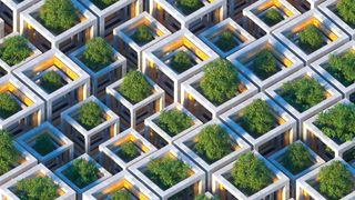 An isometric view of a cubic farm, with trees growing from white stone frames