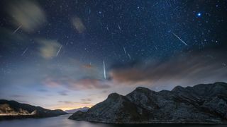 Time-lapse image of meteors streaking across the night sky