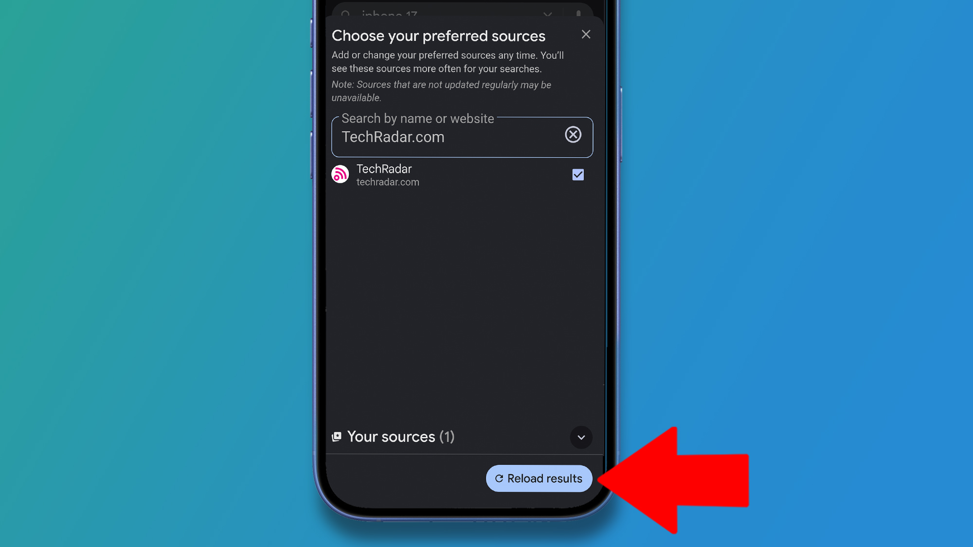 A phone on a blue background showing how to choose websites as your preferred sources in Google&#039;s Top Stories