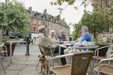 mall group of senior friends are sitting outdoors at a cafe with a pet dog.