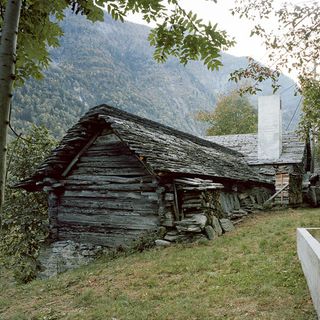 sloping roof house with white chimney near dense forest