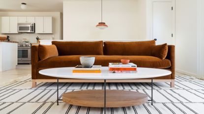 A brown sofa against a neutral background