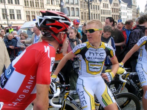 Current Danish national Champion Matti Breschel (Saxo Bank) chats with former Danish Champion Lars Bak (HTC-Columbia)