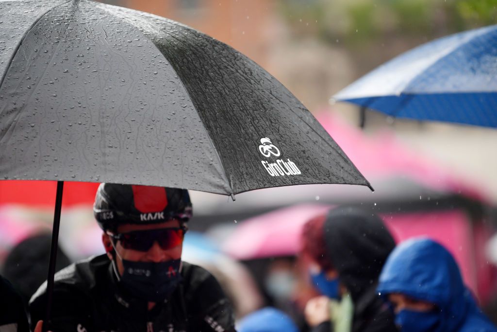CANALE ITALY MAY 10 Umbrella at start during the 104th Giro dItalia 2021 Stage 3 a 190km stage from Biella to Canale Rain Detail view girodiitalia Giro on May 10 2021 in Canale Italy Photo by Tim de WaeleGetty Images