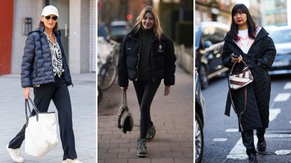 composite of puffer jacket outfits - three street style images of women wearing various puffer jackets