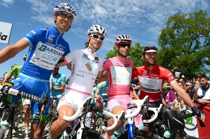 The Giro peloton's jersey wearers at the start of the final stage to Brescia