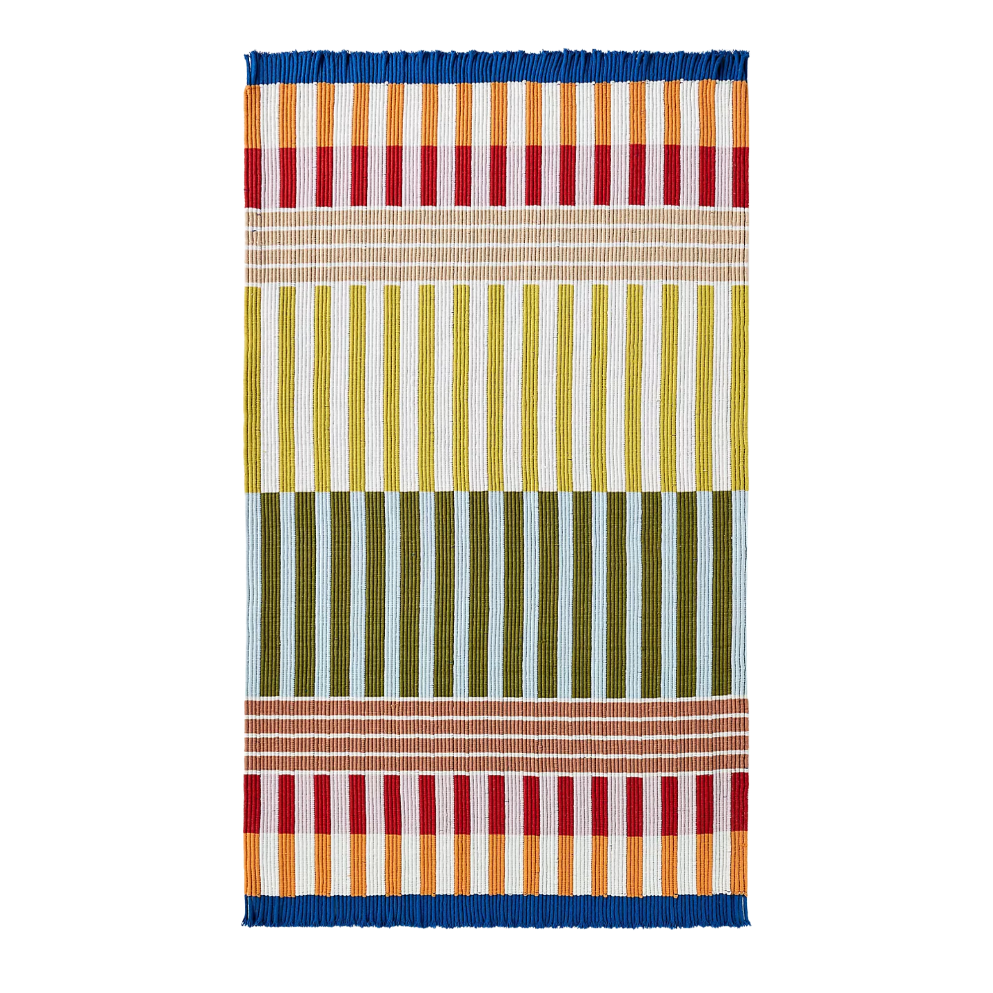 a colorful, striped outdoor rug