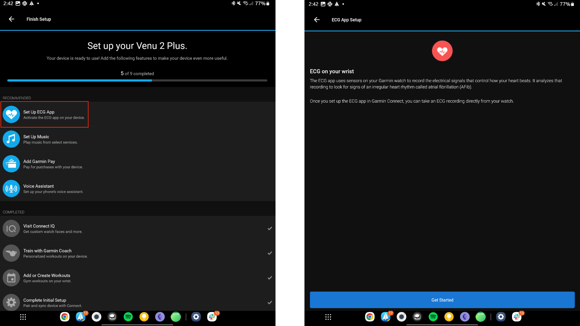 Screenshots showing the step-by-step process for adding the ECG app to the Garmin Venu 2 Plus.