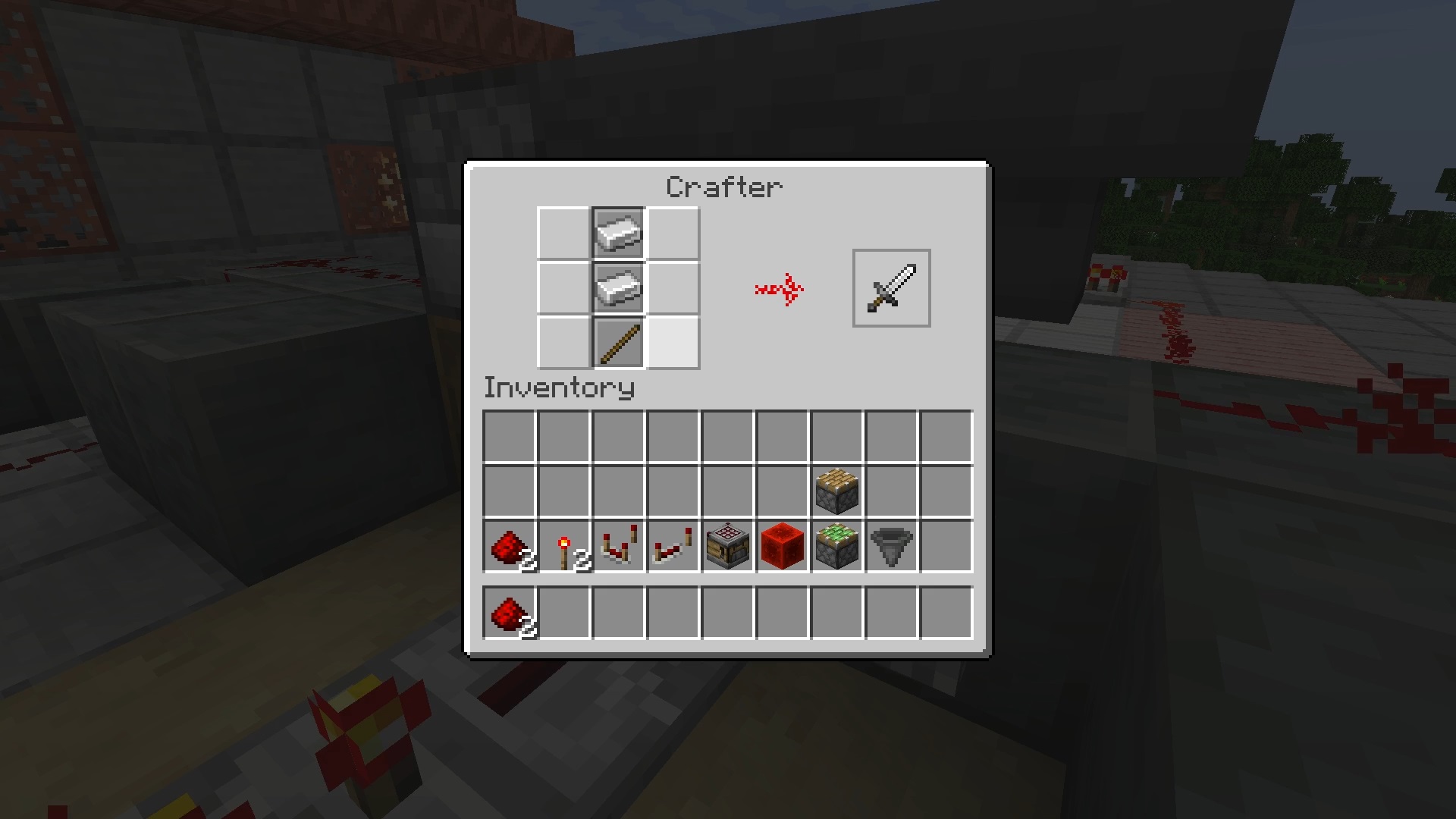 Minecraft 1.21 update - a Crafter block interface showing its inventory and an iron sword recipe