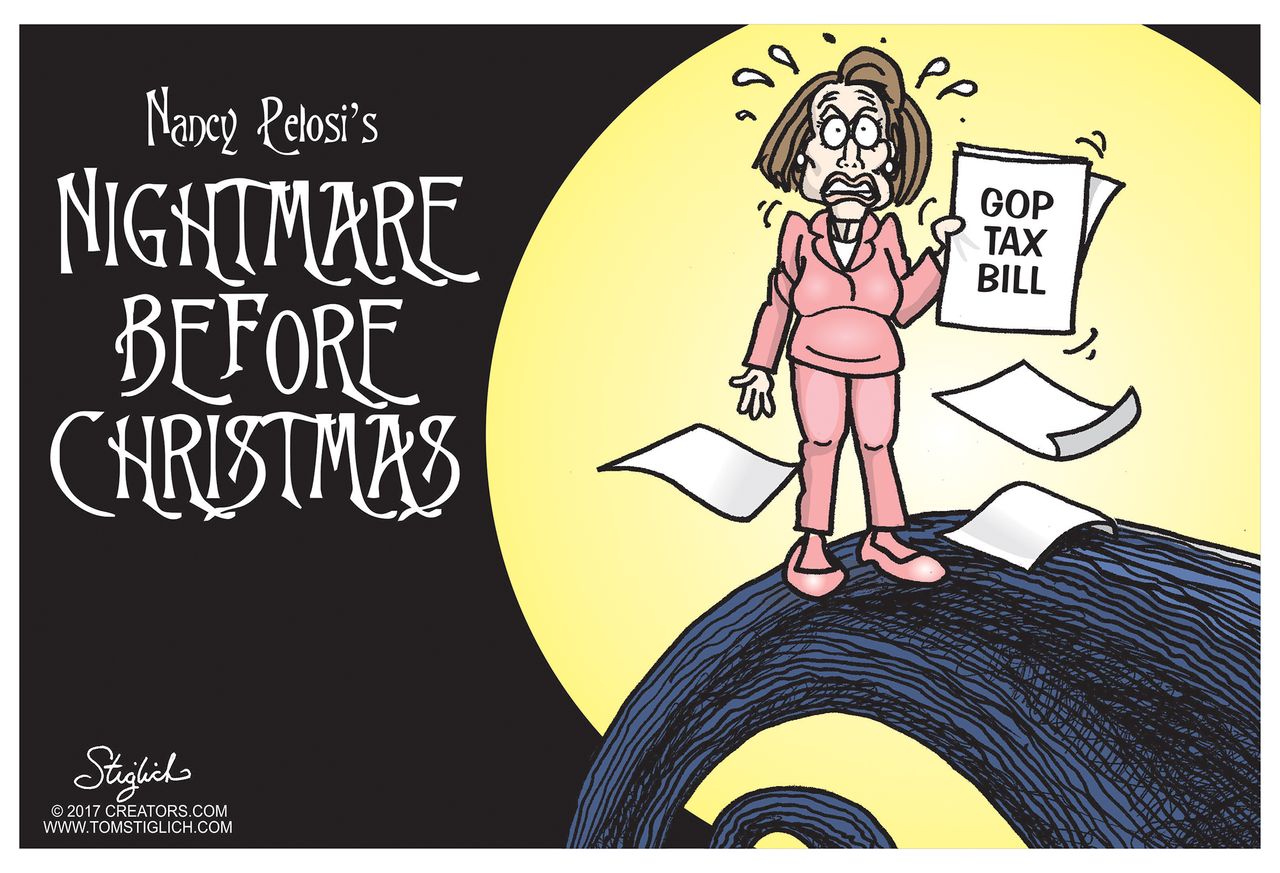 Political cartoon U.S. Nancy Pelosi GOP tax reform Christmas