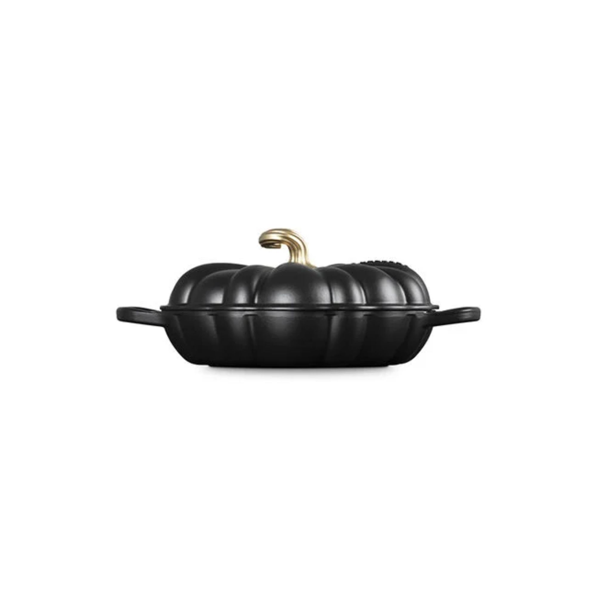 Black pumpkin-shaped braiser with gold top handle