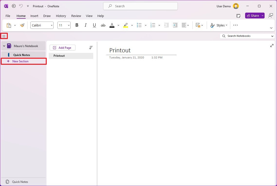 Новый раздел OneNote