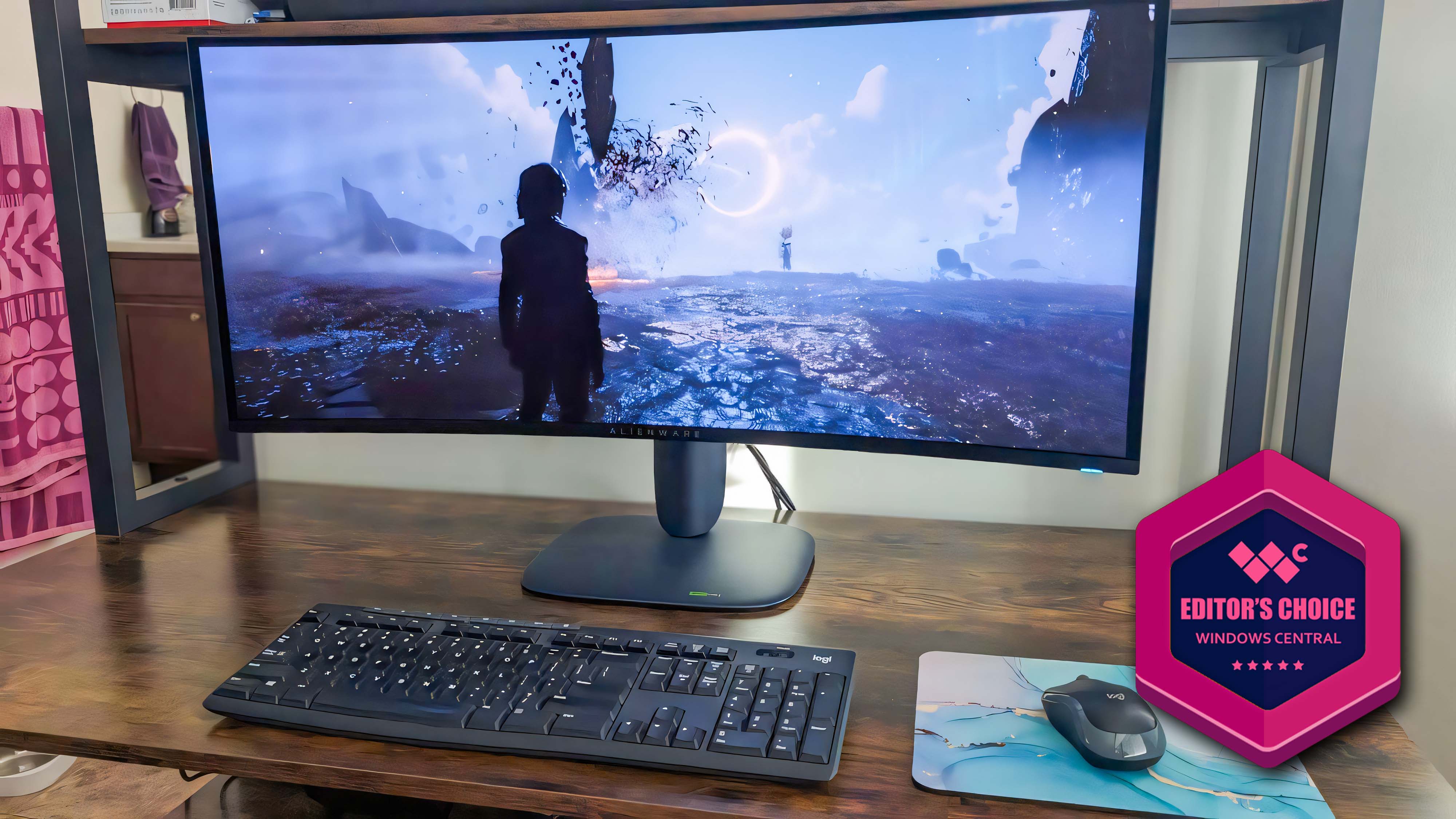 Alienware AW3425DW QD-OLED Gaming monitor displaying Clair Obscur: Expedition 33. There is also a badge on the right side of the image that says &quot;Windows Central Editor&#039;s Choice.&quot; 