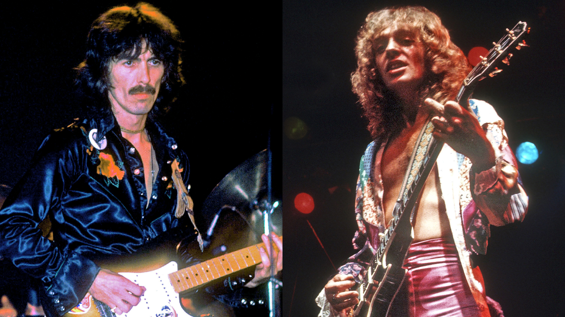 LEFT: George Harrison play his guitar during the Dark Horse Tour circa 1972 at the Cow Palace in Daly City, California. RIGHT: Peter Frampton performing at Wembley Empire Pool, London on his 'Frampton Comes Alive' tour, October 1976. 