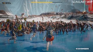 A huge mass of characters run around a snowy and icy landscape.