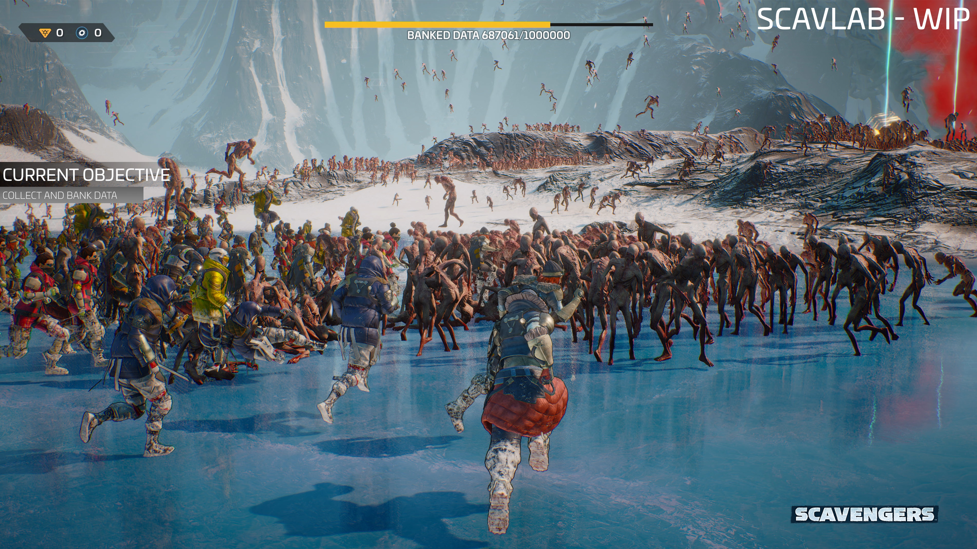 A huge mass of characters run around a snowy and icy landscape.