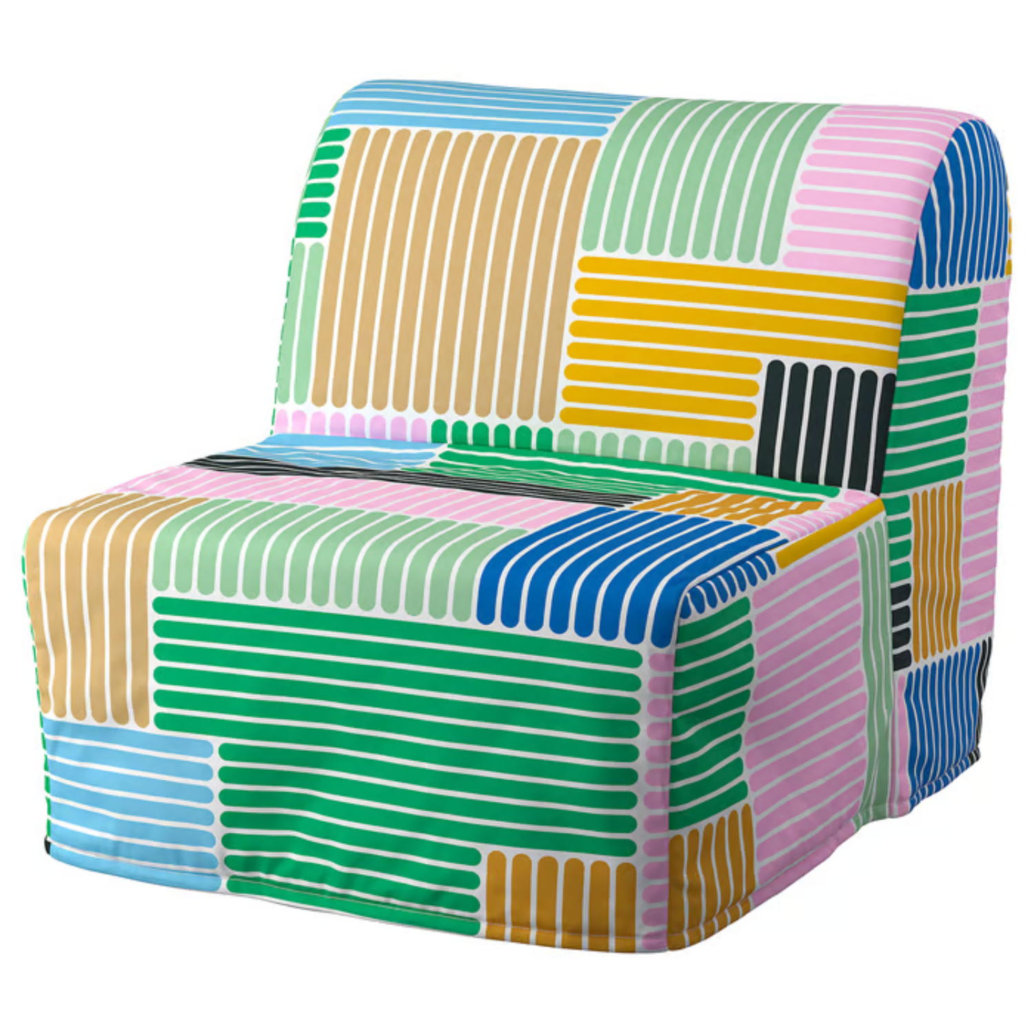 A chair-bed cover with a tubular striped pattern in green, brown, yellow, blue and pink