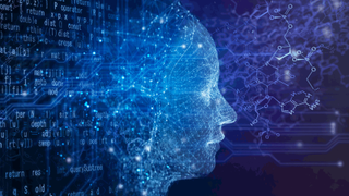 AI robot with circuit, chemical structure and program code on a black background