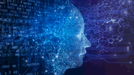 AI robot with circuit, chemical structure and program code on a black background