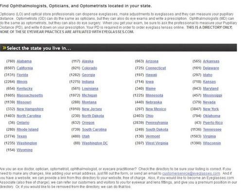 The Eyeglasses.com website has a directory of eye doctors across the U.S.