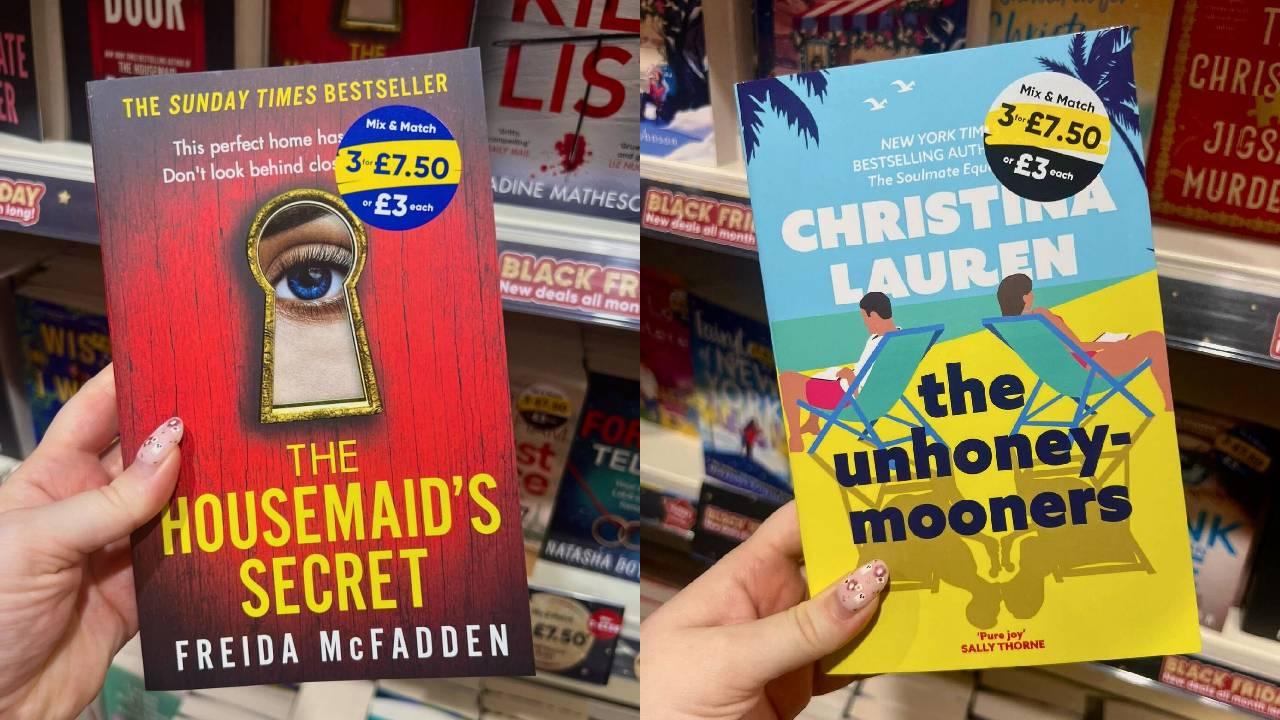  Two images side by side of a person holding The Housemaid's Secret by Freida McFadden, and The Unhoney-mooners by Christina Lauren. 
