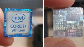 Shot of modern Intel CPU Sticker design, front and back.
