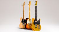 The Fender 75th Anniversary Telecaster collection comprises five limited edition models, including an American Professional Custom Telecaster in 2-tone Sunburst, an American Ultra II Telecaster in Liquid Gold, a Vintera Road Worn 1951 Telecaster in Butterscotch Blonde, an American Professional Classic Cabronita, and a Player II Telecaster in Diamond Dust Sparkle.