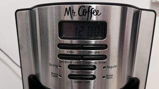 Close up of the Mr. Coffee 12 Cup Programmable Coffee Maker control panel