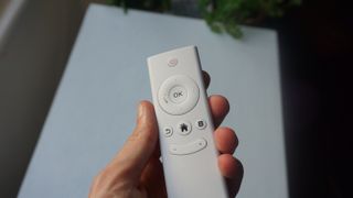 The GoSho's remote comes with a classic d-pad, home button, and volume controls.