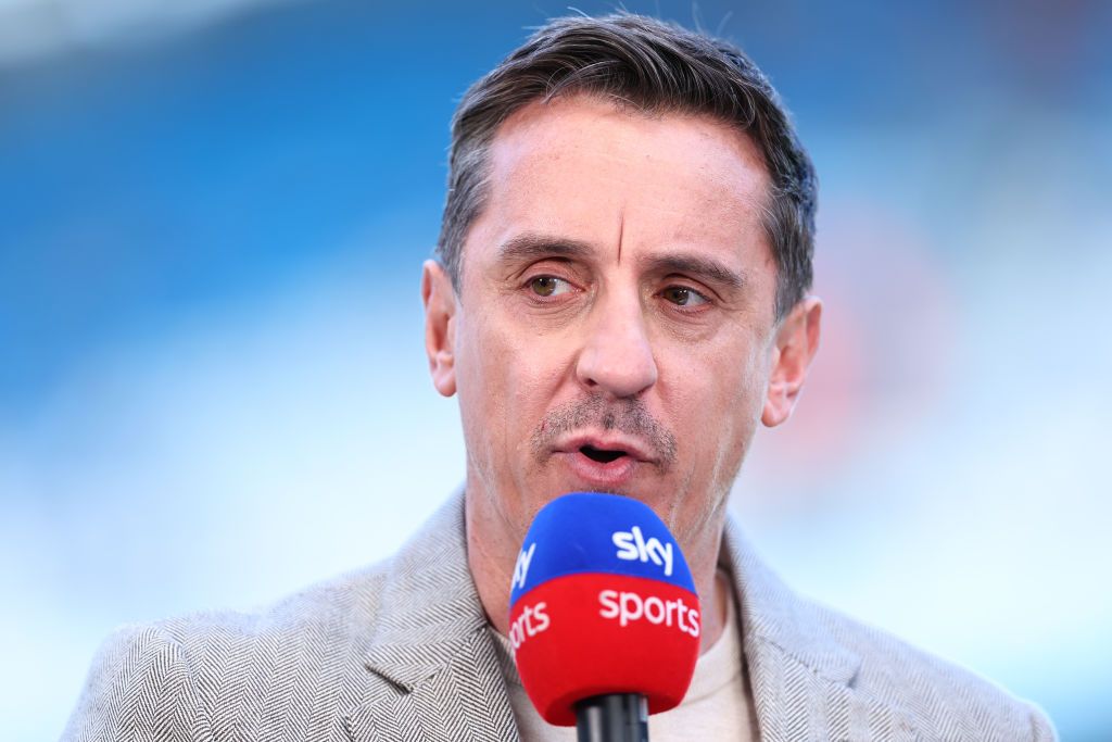 MANCHESTER, ENGLAND - MAY 19: Gary Neville presenting for Sky Sports ahead of the Premier League match between Manchester City and West Ham United at Etihad Stadium on May 19, 2024 in Manchester, England.(Photo by Robbie Jay Barratt - AMA/Getty Images)