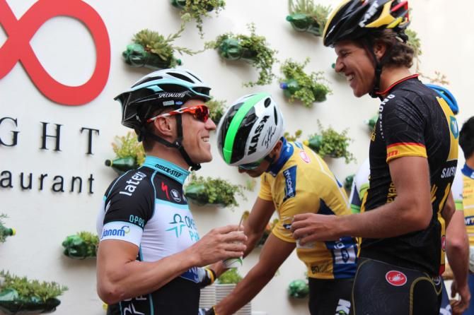 Serge Pauwels and Nicolas Dougall share a joke at the MTN-Qhubeka training camp.