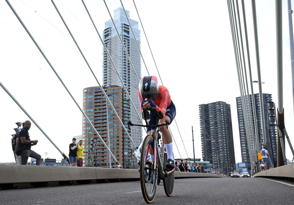 ROTTERDAM, NETHERLANDS - AUGUST 13: Demi Vollering of The Netherlands and Team SD Worx - Protime sprints during the 3rd Tour de France Femmes 2024, Stage 3 a 67.9km individual time trial stage from Rotterdam to Rotterdam / #UCIWWT / on August 13, 2024 in Rotterdam, Netherlands. (Photo by Dario Belingheri/Getty Images)