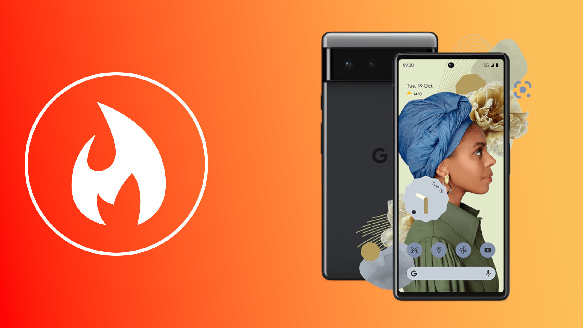 Google Pixel 6 on orange background with fire symbol