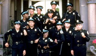 Police Academy the recruit class goofs off for the camera