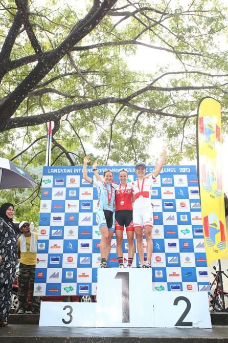 LIMBC stage 2 women's podium: Adelheid Morath, (3rd place), Lea Davison (1st place) and Maja Wloszczowska (2nd place)