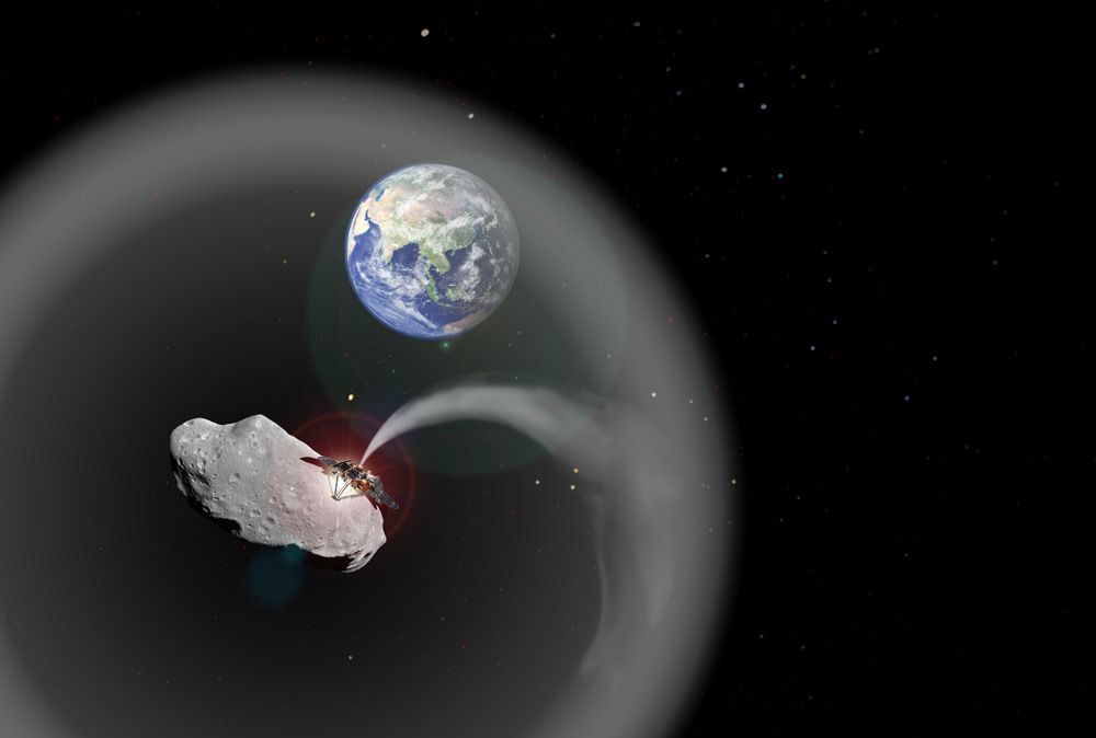 artist&#039;s depiction of what a spacecraft spewing asteroid dust might look like.