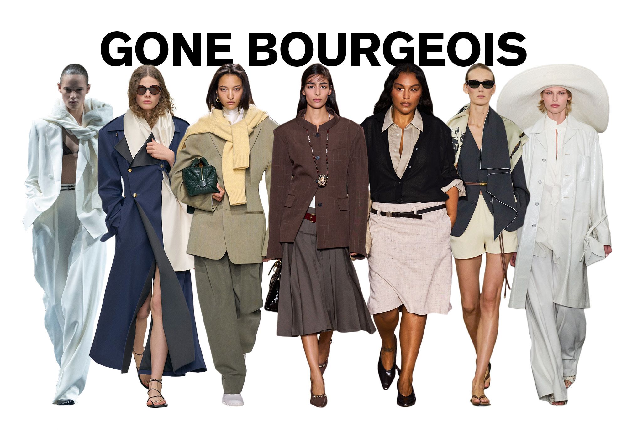 A photo of 7 models from the S/S 26 runway shows wearing bourgeois looks against a white background. On top, the title is, "GONE BOURGEOIS" in black capital letters.