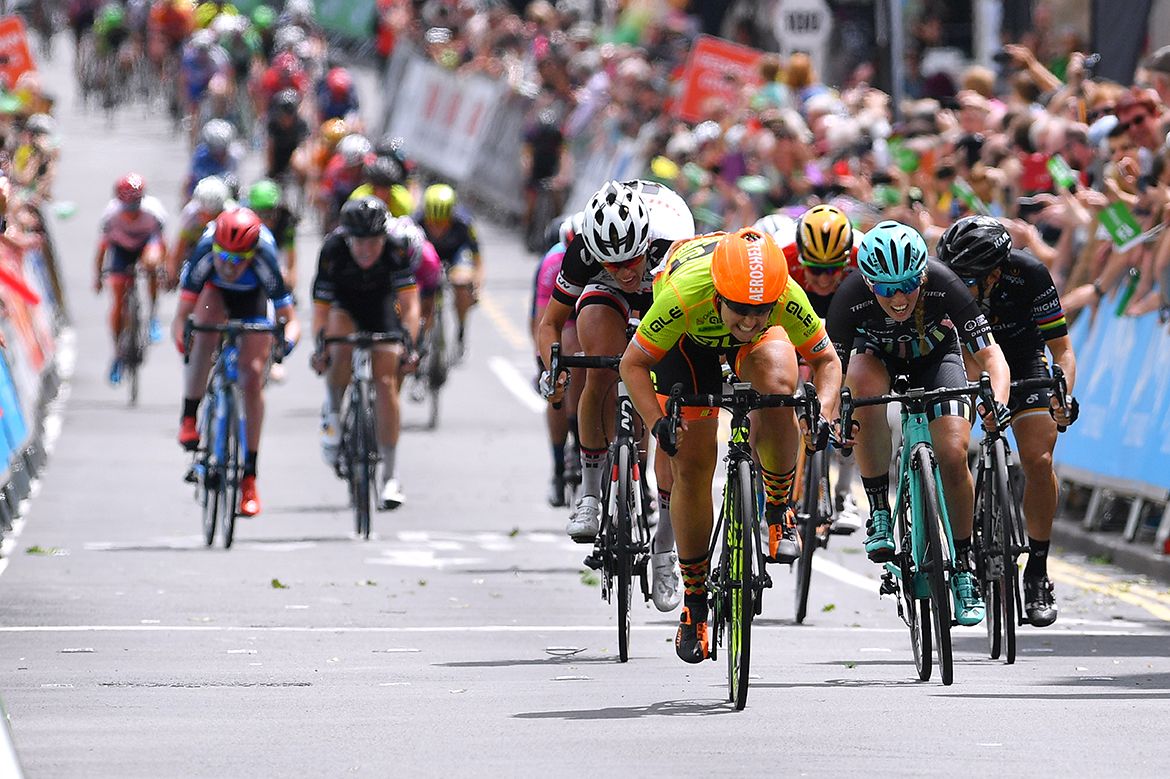 Chloe Hosking winds up her sprint on stage 3 of the Ovo Energy Women's Tour.