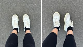 Two side by side images wearing Veja Volley trainers