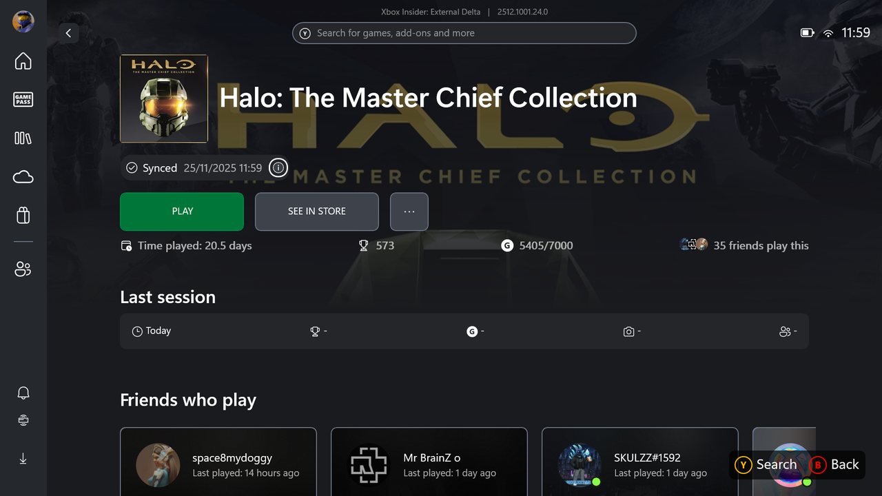 Screenshot of Xbox app showing games with cloud save indicator