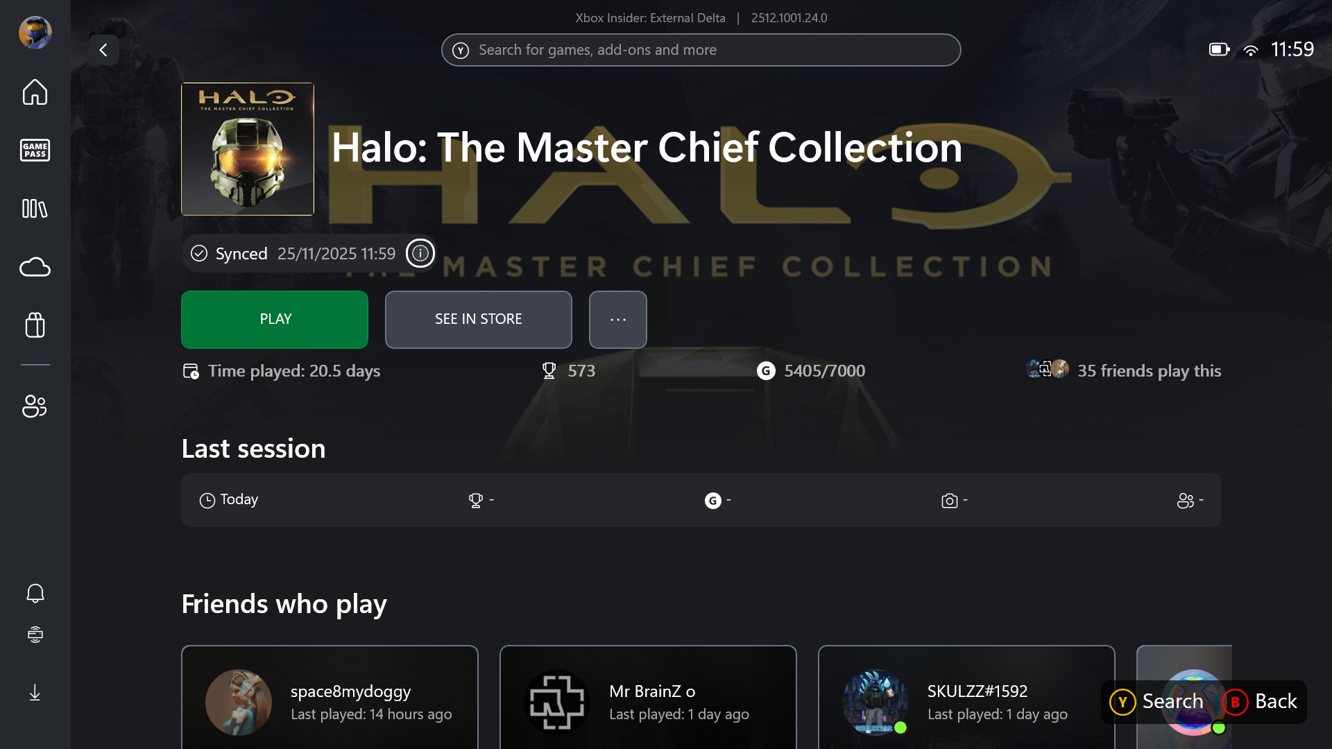 Screenshot of Xbox app showing games with cloud save indicator
