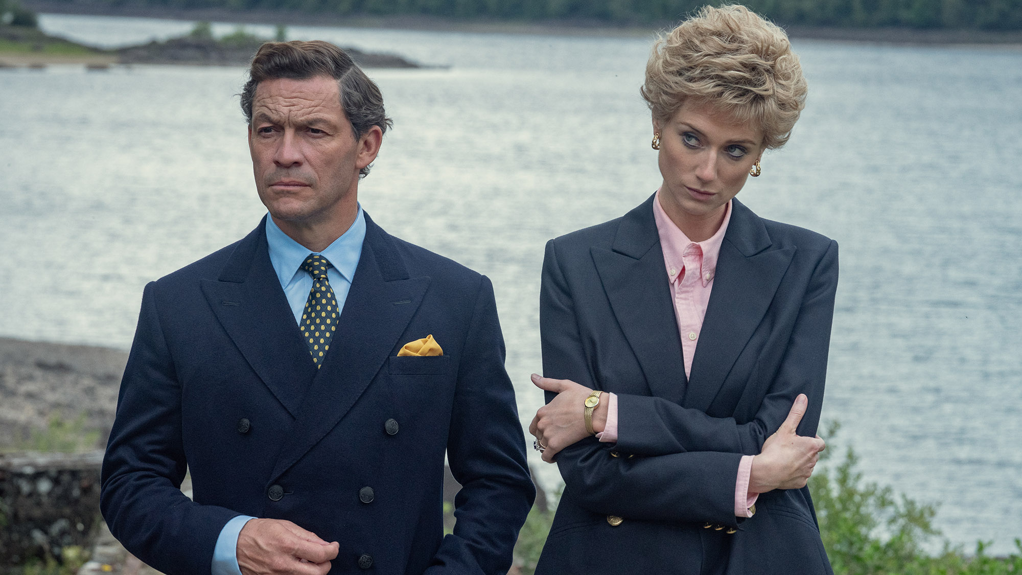 (from left to right) Dominic West as Charles and Elizabeth Debicki as Diana in Season 5 of The Crown