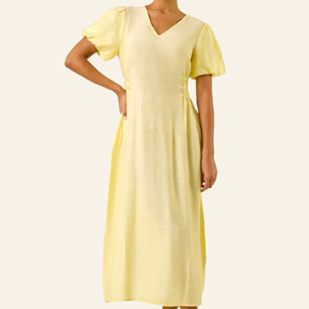 Roman Balloon Sleeve Pastel Yellow Midi Dress