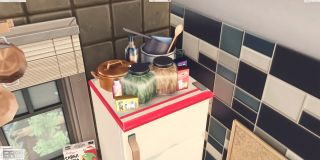 The Sims 4 mod - OMSP Shelf. A Red shelf is clipped through the top of a refrigerator so clutter items can be placed on top of it.